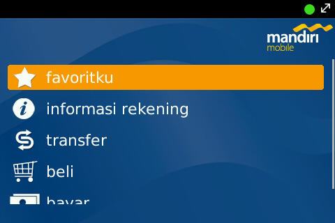 Mandiri Mobile Apps for Blackberry Main Menu