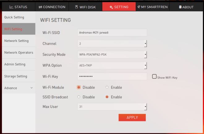 andromax m2y wifi setting of